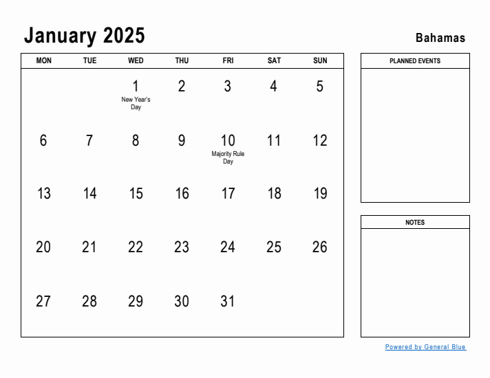 January 2025 Printable Monthly Calendar with Bahamas Holidays