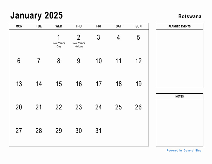 January 2025 Printable Monthly Calendar with Botswana Holidays