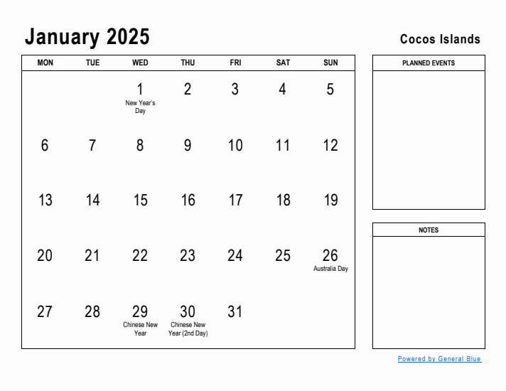 January 2025 Printable Monthly Calendar with Cocos Islands Holidays