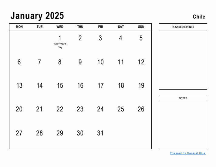 January 2025 Printable Monthly Calendar with Chile Holidays