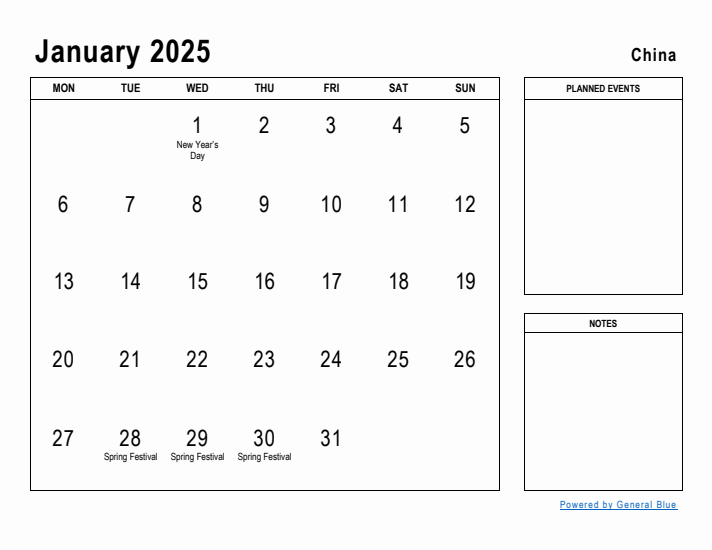 January 2025 Printable Monthly Calendar with China Holidays