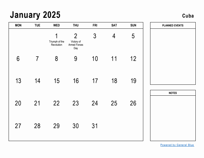 January 2025 Printable Monthly Calendar with Cuba Holidays