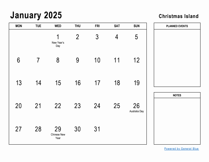 January 2025 Printable Monthly Calendar with Christmas Island Holidays