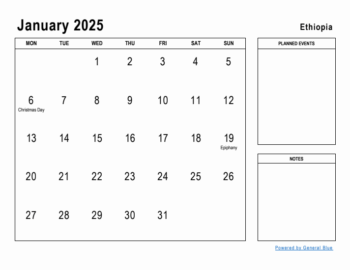 January 2025 Printable Monthly Calendar with Ethiopia Holidays