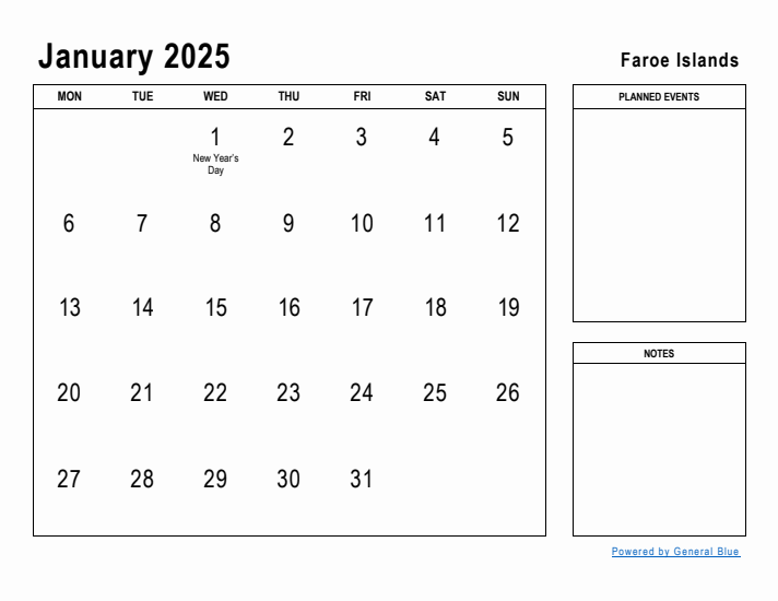 January 2025 Printable Monthly Calendar with Faroe Islands Holidays