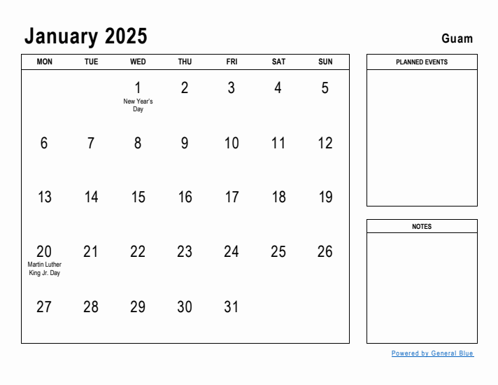 January 2025 Printable Monthly Calendar with Guam Holidays