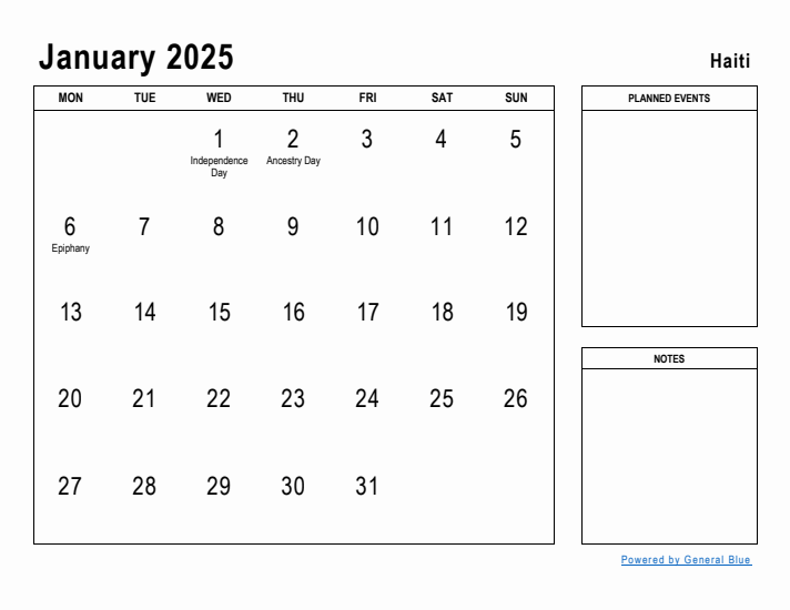 January 2025 Printable Monthly Calendar with Haiti Holidays