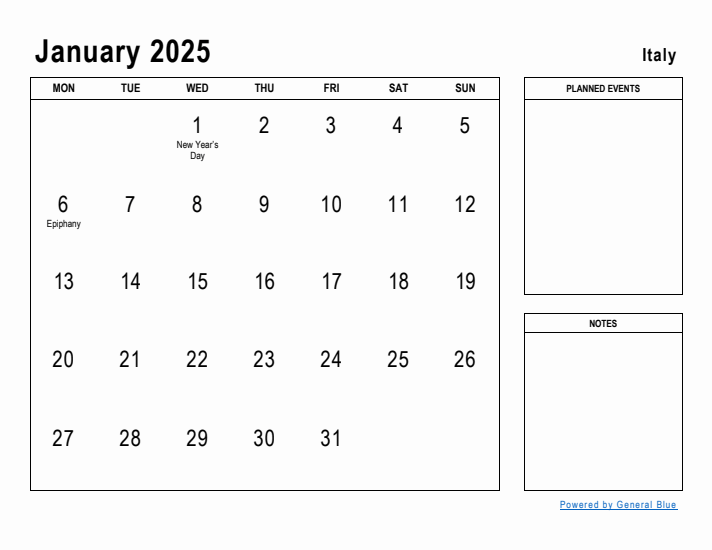 January 2025 Printable Monthly Calendar with Italy Holidays