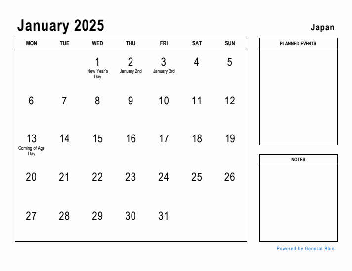 January 2025 Printable Monthly Calendar with Japan Holidays