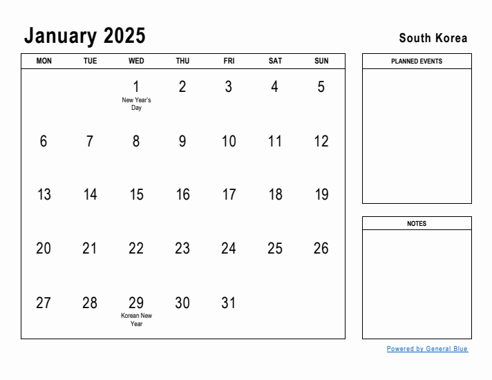 January 2025 Printable Monthly Calendar with South Korea Holidays