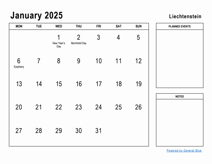 January 2025 Printable Monthly Calendar with Liechtenstein Holidays