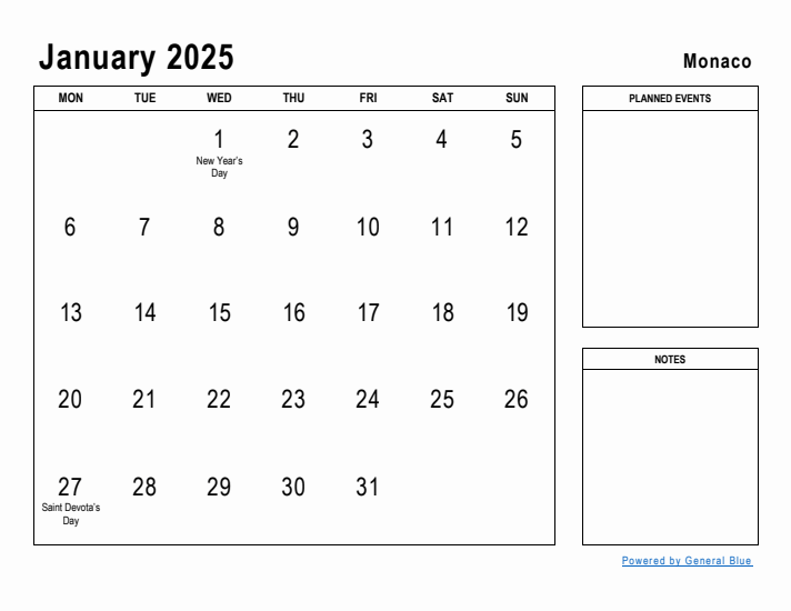 January 2025 Printable Monthly Calendar with Monaco Holidays