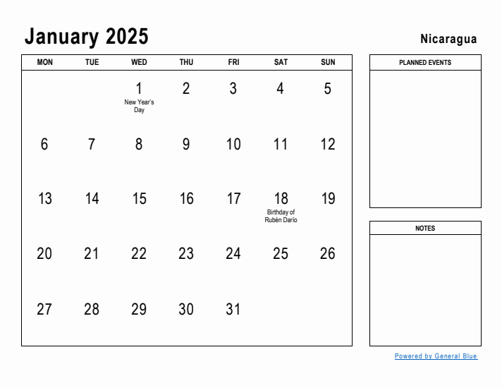 January 2025 Printable Monthly Calendar with Nicaragua Holidays