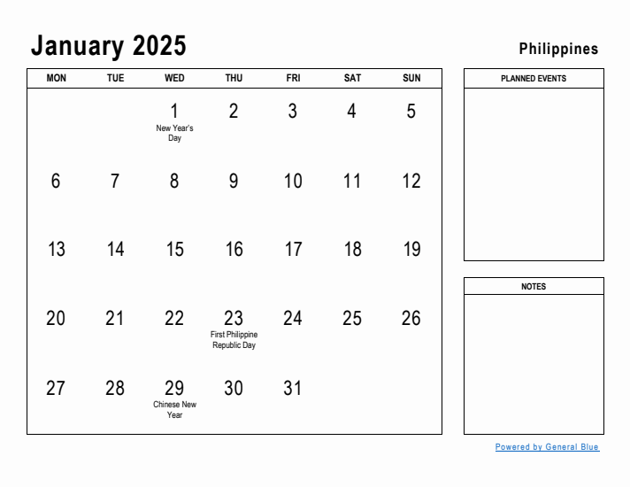 January 2025 Printable Monthly Calendar with Philippines Holidays