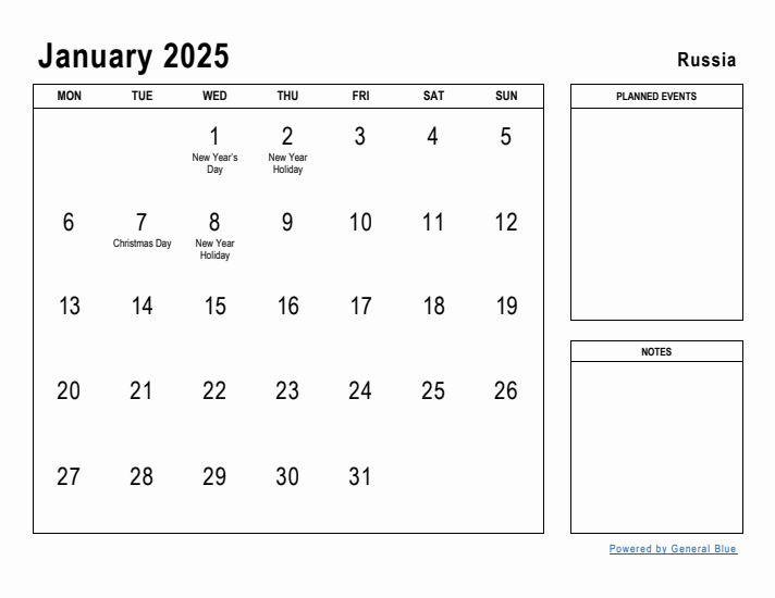 January 2025 Printable Monthly Calendar with Russia Holidays