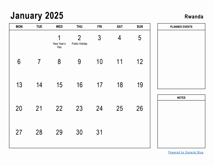 January 2025 Printable Monthly Calendar with Rwanda Holidays