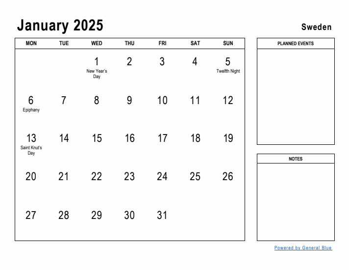 January 2025 Printable Monthly Calendar with Sweden Holidays