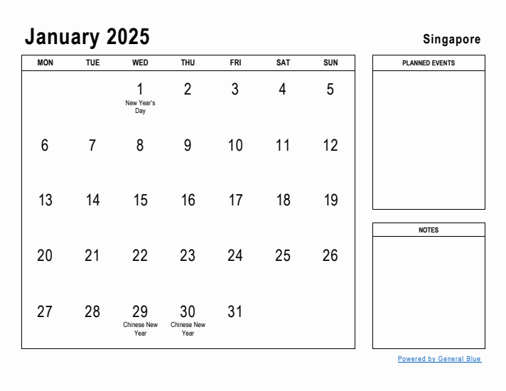 January 2025 Printable Monthly Calendar with Singapore Holidays