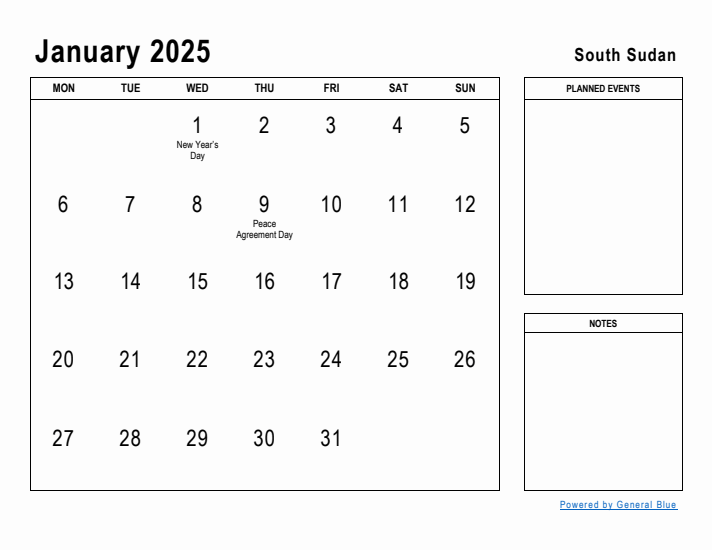 January 2025 Printable Monthly Calendar with South Sudan Holidays