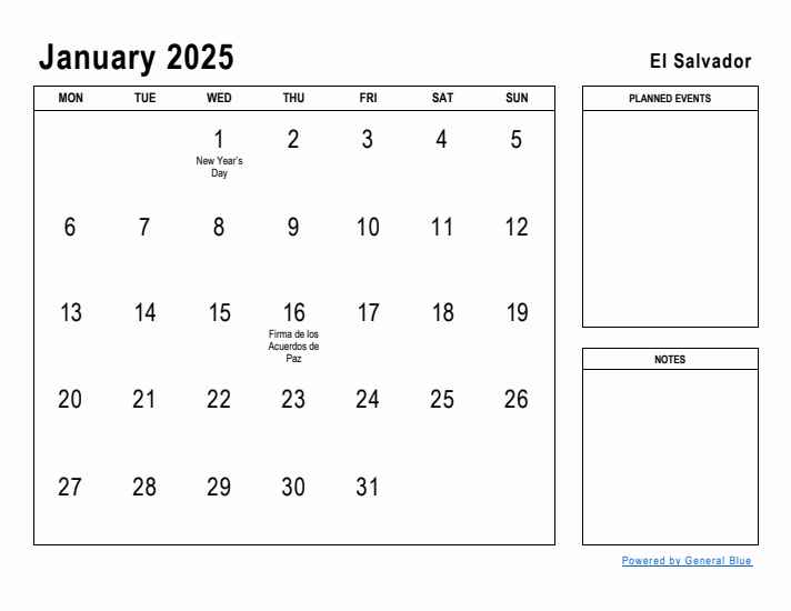 January 2025 Printable Monthly Calendar with El Salvador Holidays