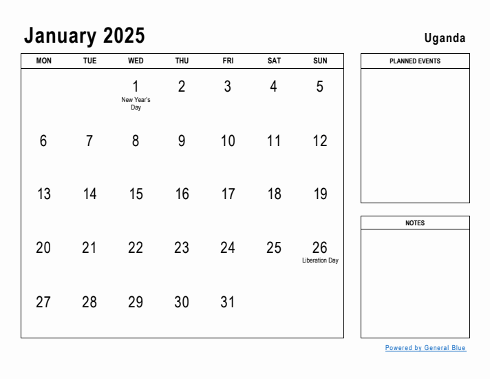 January 2025 Printable Monthly Calendar with Uganda Holidays