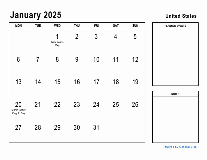 January 2025 Printable Monthly Calendar with United States Holidays