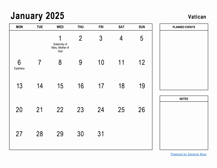 January 2025 Printable Monthly Calendar with Vatican Holidays