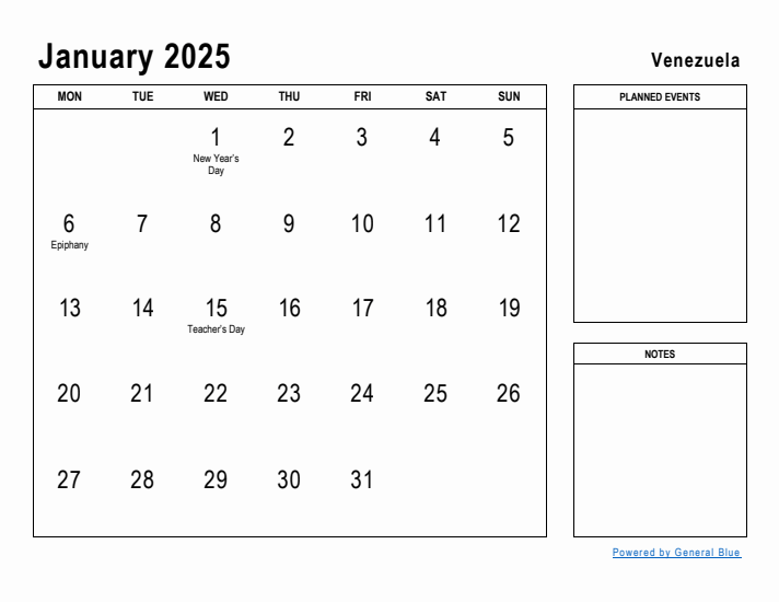 January 2025 Printable Monthly Calendar with Venezuela Holidays