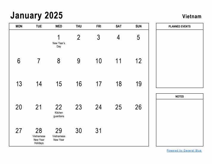 January 2025 Printable Monthly Calendar with Vietnam Holidays