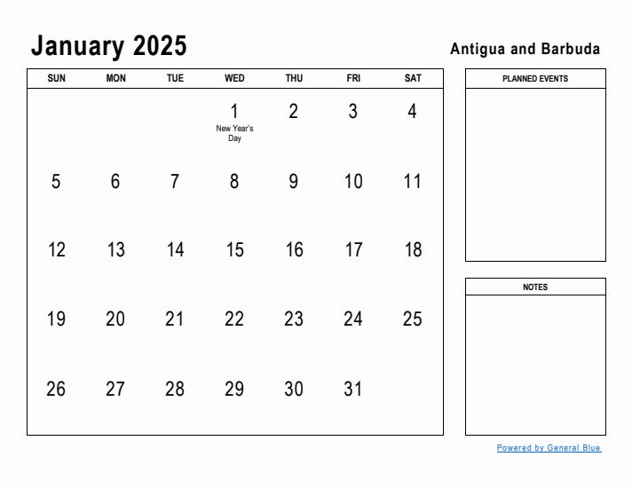 January 2025 Printable Monthly Calendar with Antigua and Barbuda Holidays