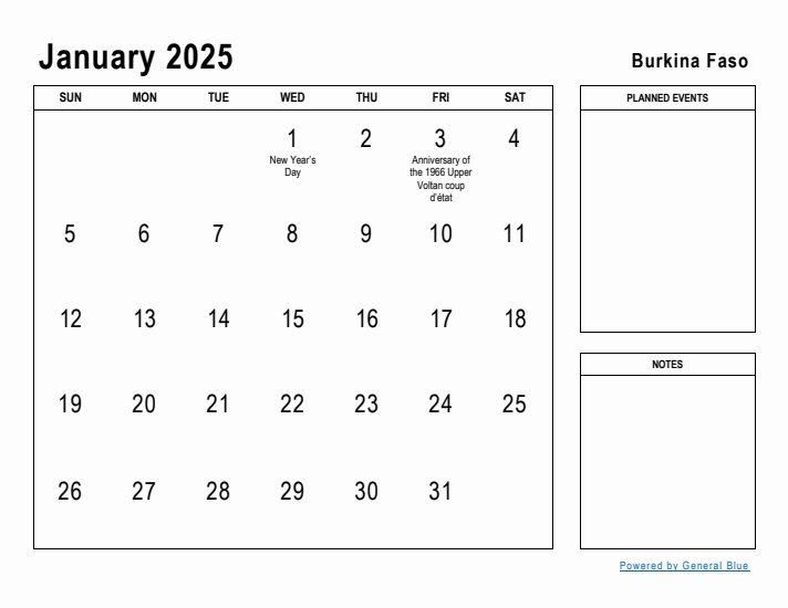 January 2025 Printable Monthly Calendar with Burkina Faso Holidays