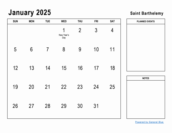 January 2025 Printable Monthly Calendar with Saint Barthelemy Holidays