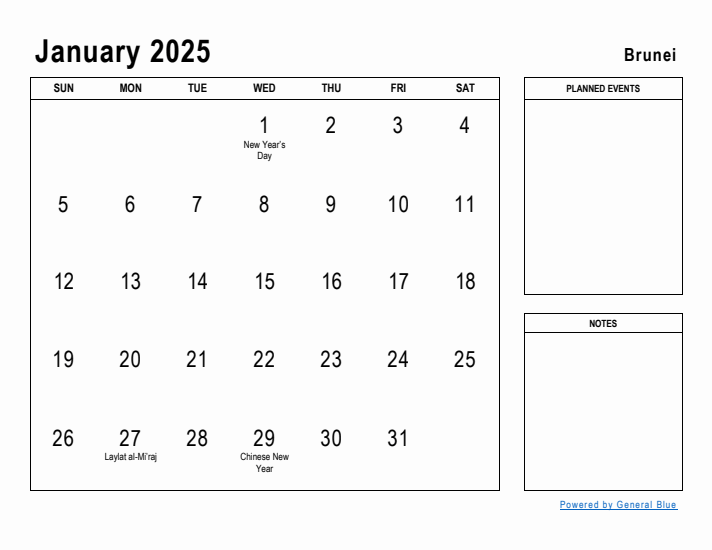 January 2025 Printable Monthly Calendar with Brunei Holidays