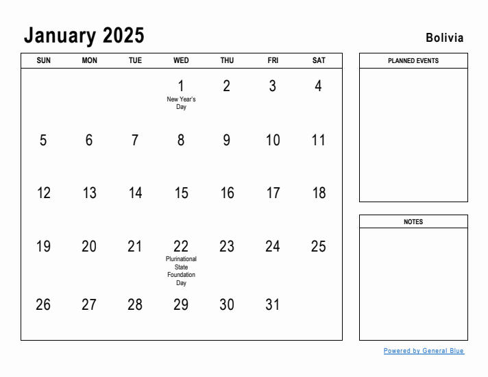 January 2025 Printable Monthly Calendar with Bolivia Holidays