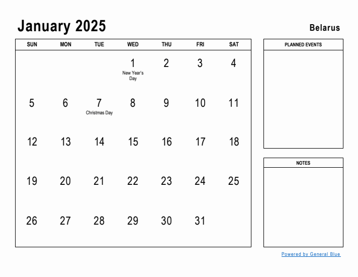 January 2025 Printable Monthly Calendar with Belarus Holidays