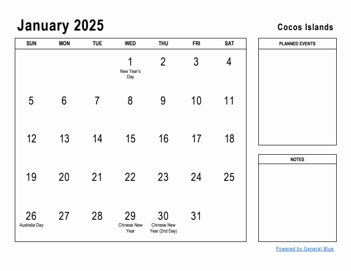 January 2025 Printable Monthly Calendar with Cocos Islands Holidays