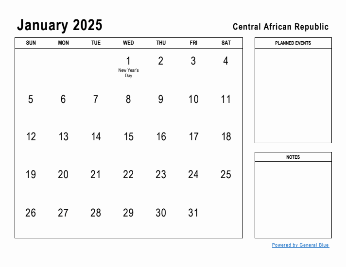 January 2025 Printable Monthly Calendar with Central African Republic Holidays