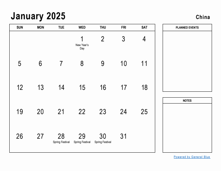 January 2025 Printable Monthly Calendar with China Holidays