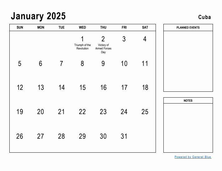 January 2025 Printable Monthly Calendar with Cuba Holidays