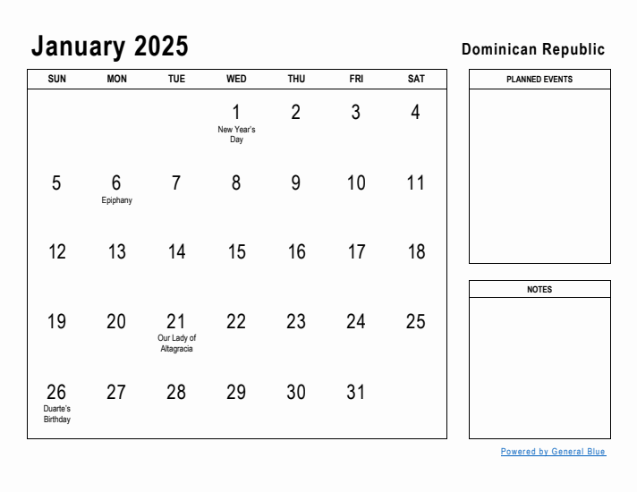 January 2025 Printable Monthly Calendar with Dominican Republic Holidays