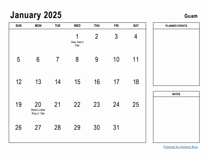 January 2025 Printable Monthly Calendar with Guam Holidays