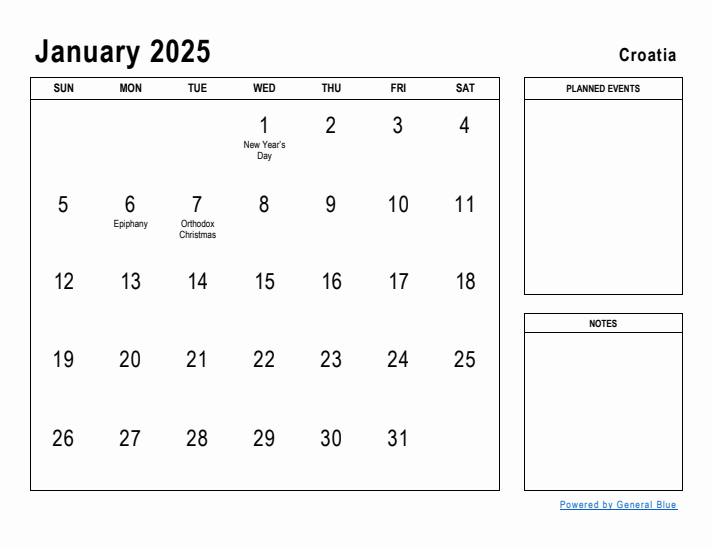 January 2025 Printable Monthly Calendar with Croatia Holidays