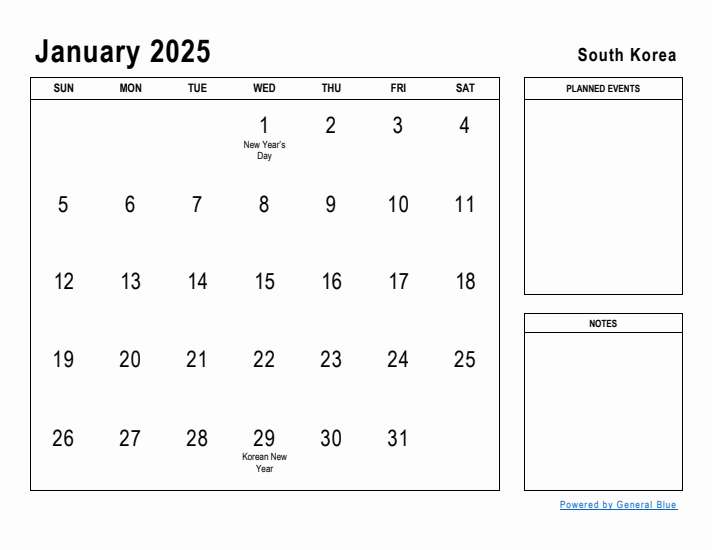 January 2025 Printable Monthly Calendar with South Korea Holidays