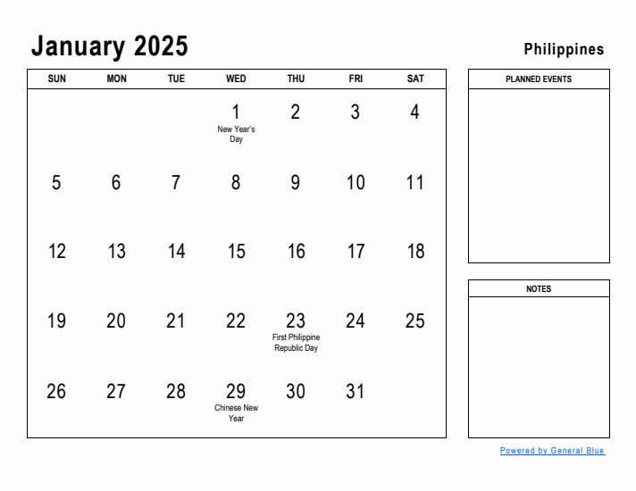 January 2025 Printable Monthly Calendar with Philippines Holidays