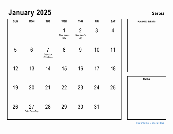 January 2025 Printable Monthly Calendar with Serbia Holidays