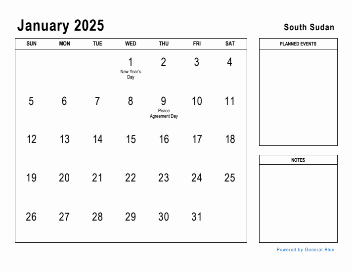 January 2025 Printable Monthly Calendar with South Sudan Holidays