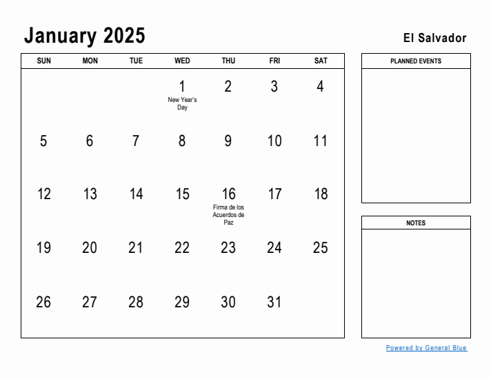 January 2025 Printable Monthly Calendar with El Salvador Holidays