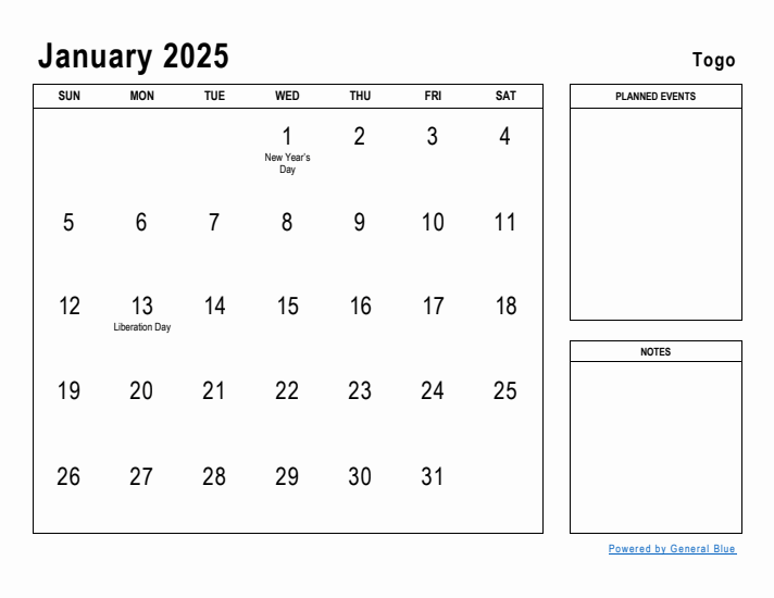 January 2025 Printable Monthly Calendar with Togo Holidays