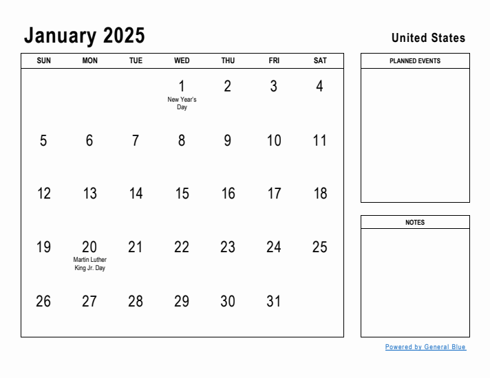 January 2025 Printable Monthly Calendar with United States Holidays