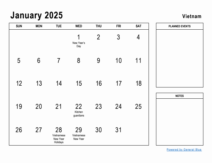 January 2025 Printable Monthly Calendar with Vietnam Holidays